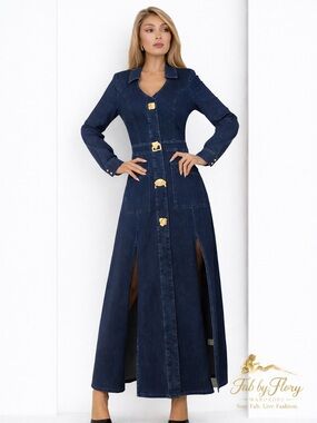 Indigo Denim Maxi Dress w/ Gold Buttons | Tailored Fit | Chic Luxe